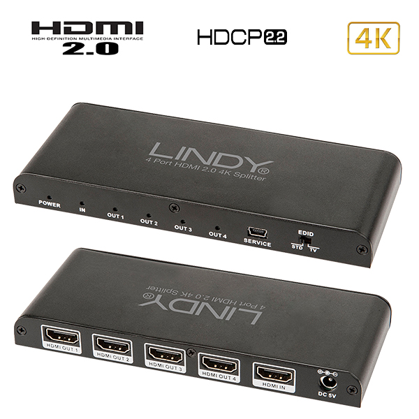 Distributeur HDMI 2 - 4K/60 Hz  - 18 Gbit - 4/2/0 - 4 sorties - LINDY